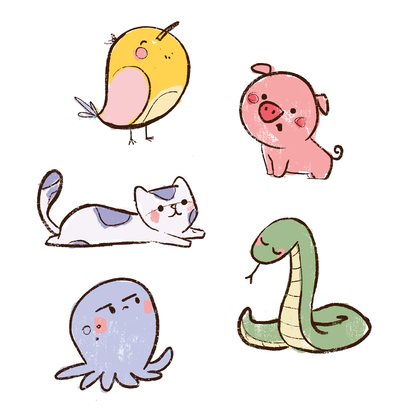 Set of cartoon animals including a bird, pig, cat, octopus, and snake on a white background.