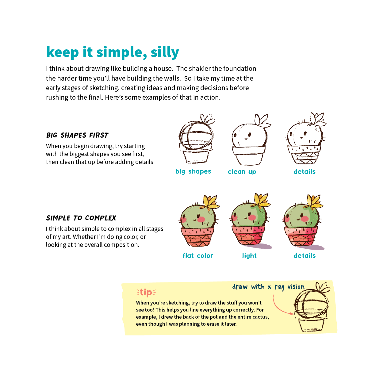 Artistic guide showing a drawing pocess of a cactus from start to finish