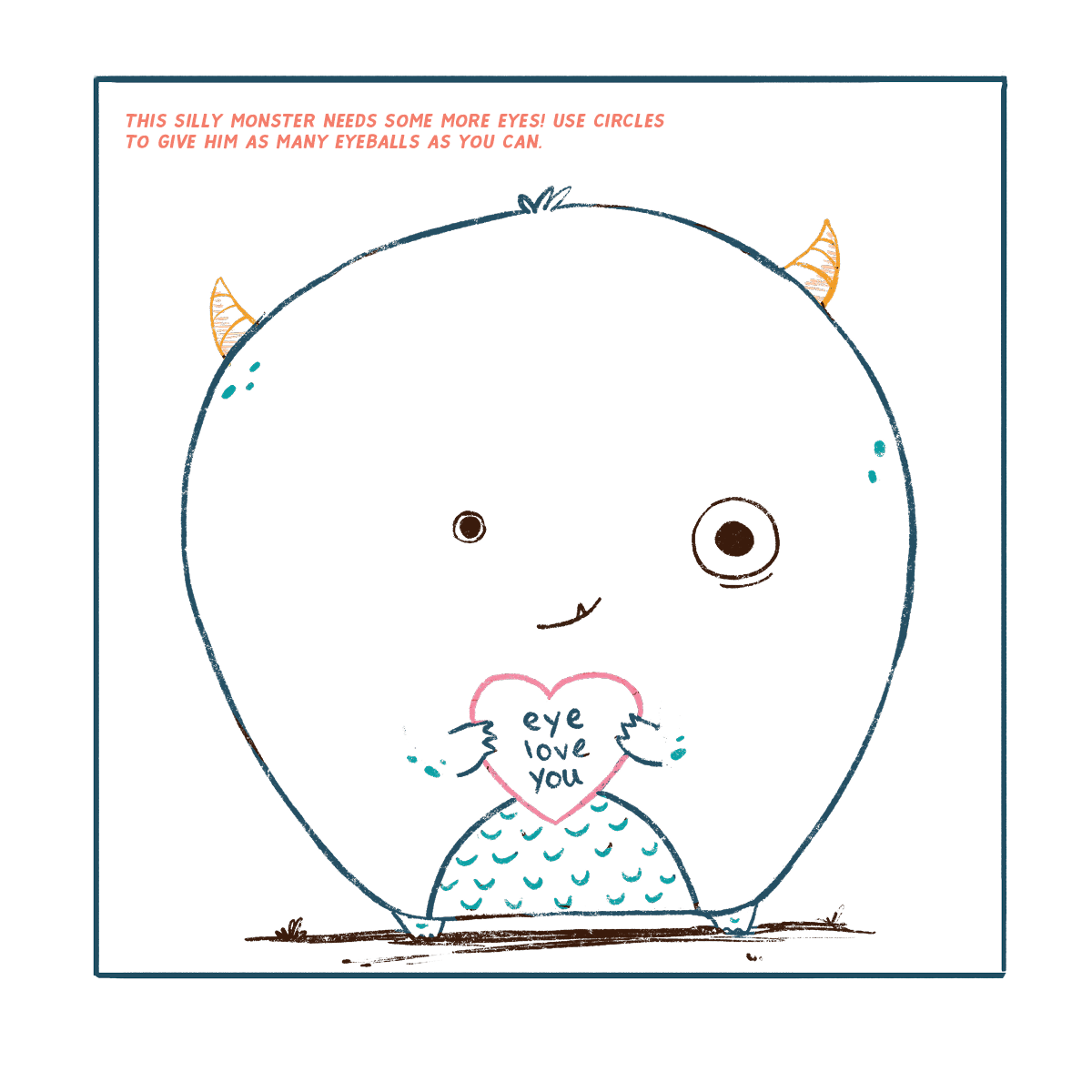 practice page featuring a silly monster with instructions to give him as many eyes as you can