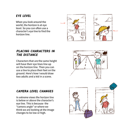 Illustrations and text explaining eye level, placing characters in the distance, and camera level changes in a scene.