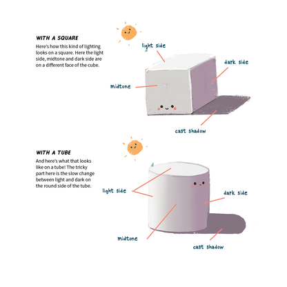 Illustration of a cube and a cylinder with labeled lighting sides on a white background