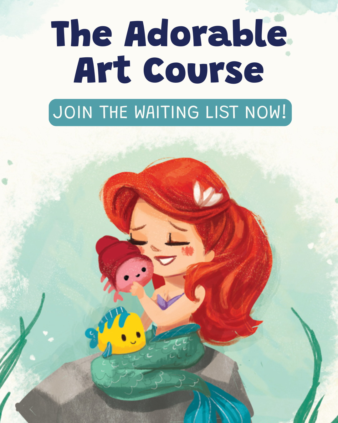 Mermaid character with a fish and text about an art course on a light blue background